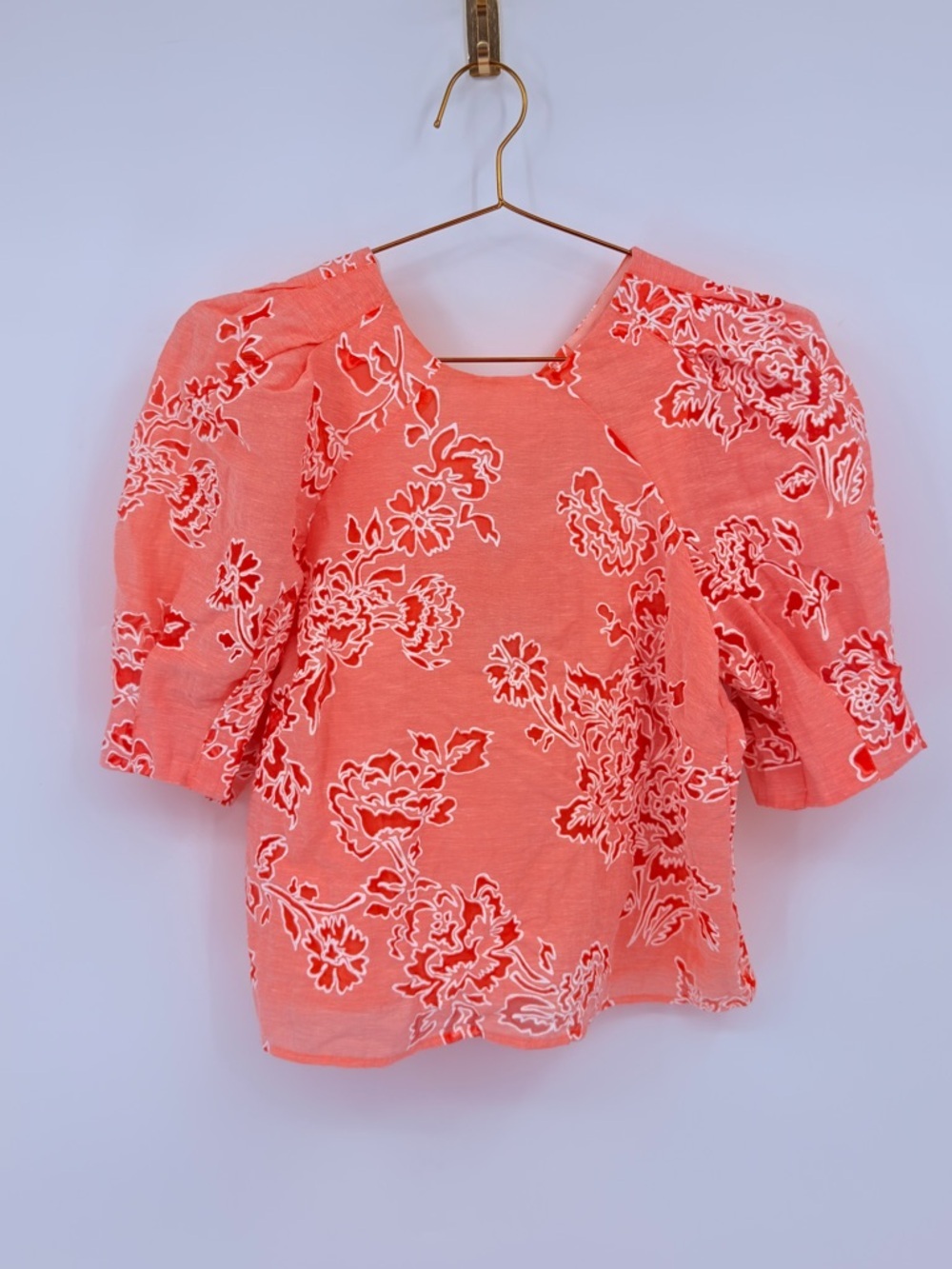Ted Baker London Coral Floral Tie Front Blouse Size 1 Puff Sleeve Top